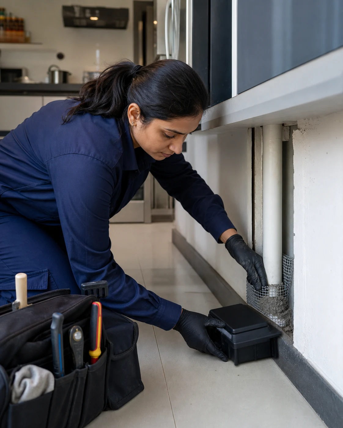 Gloved pest professional placing a secured mouse monitoring station beside a service void