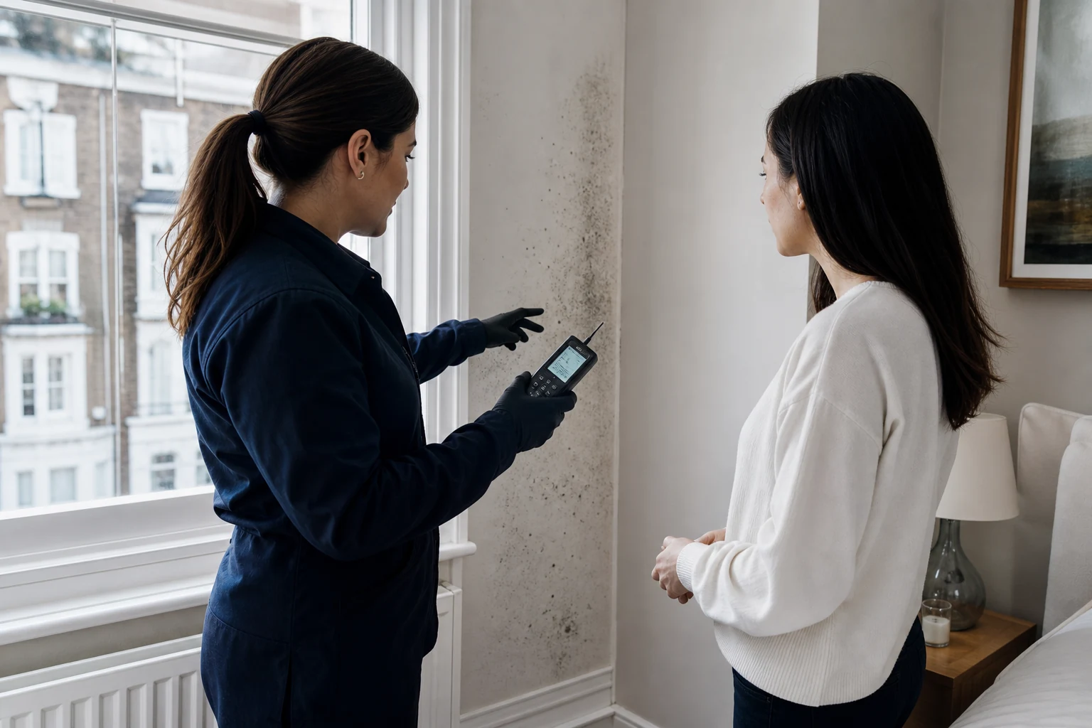 Specialist explaining condensation and mould patterns to a homeowner beside a window