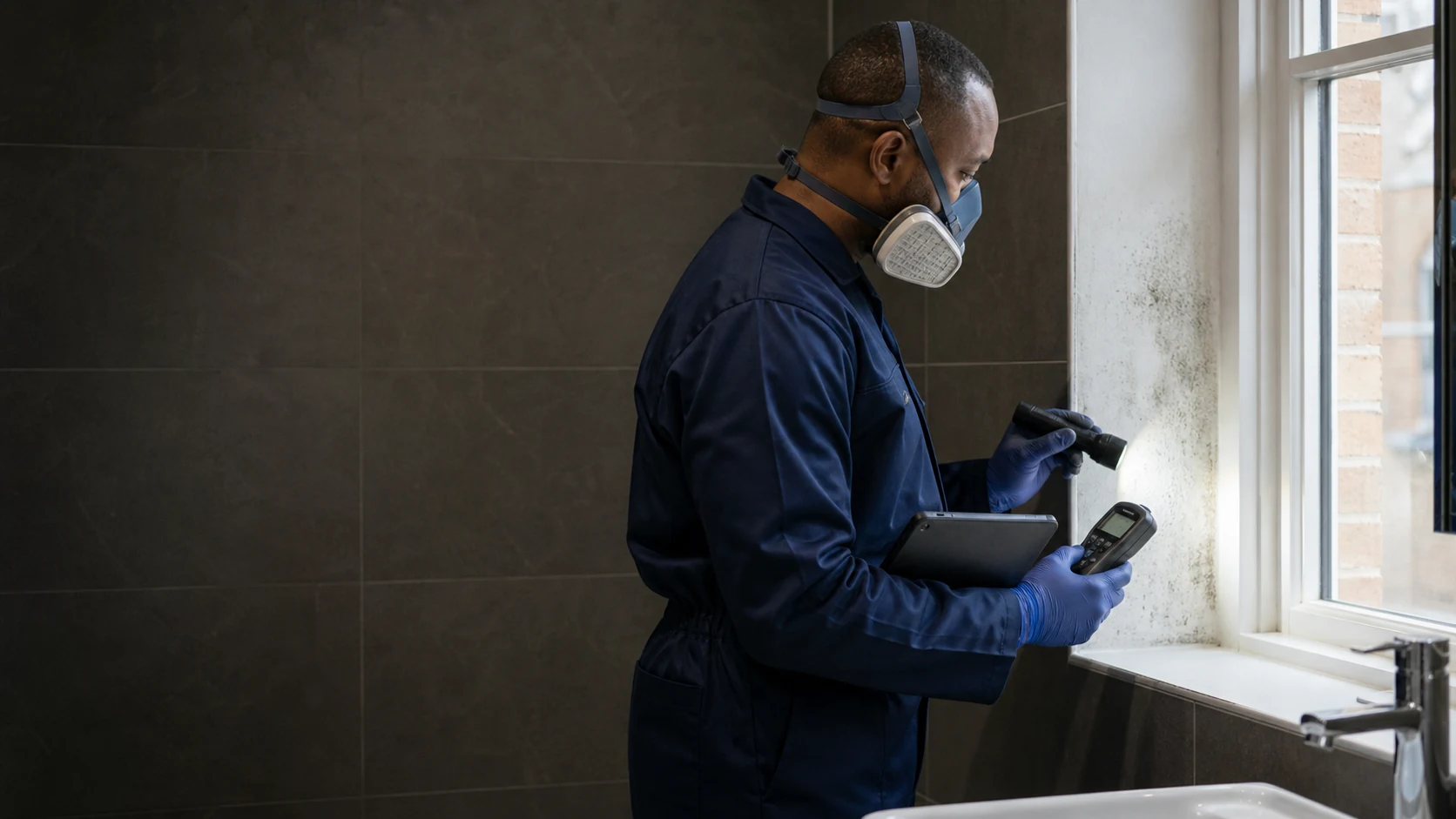 Mould remediation professional inspecting an affected bathroom wall in a London home