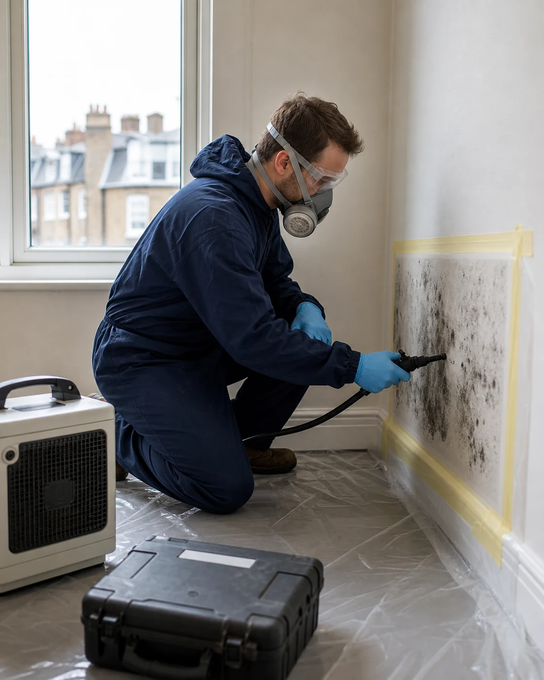 Protected technician applying controlled mould treatment to a small affected wall area