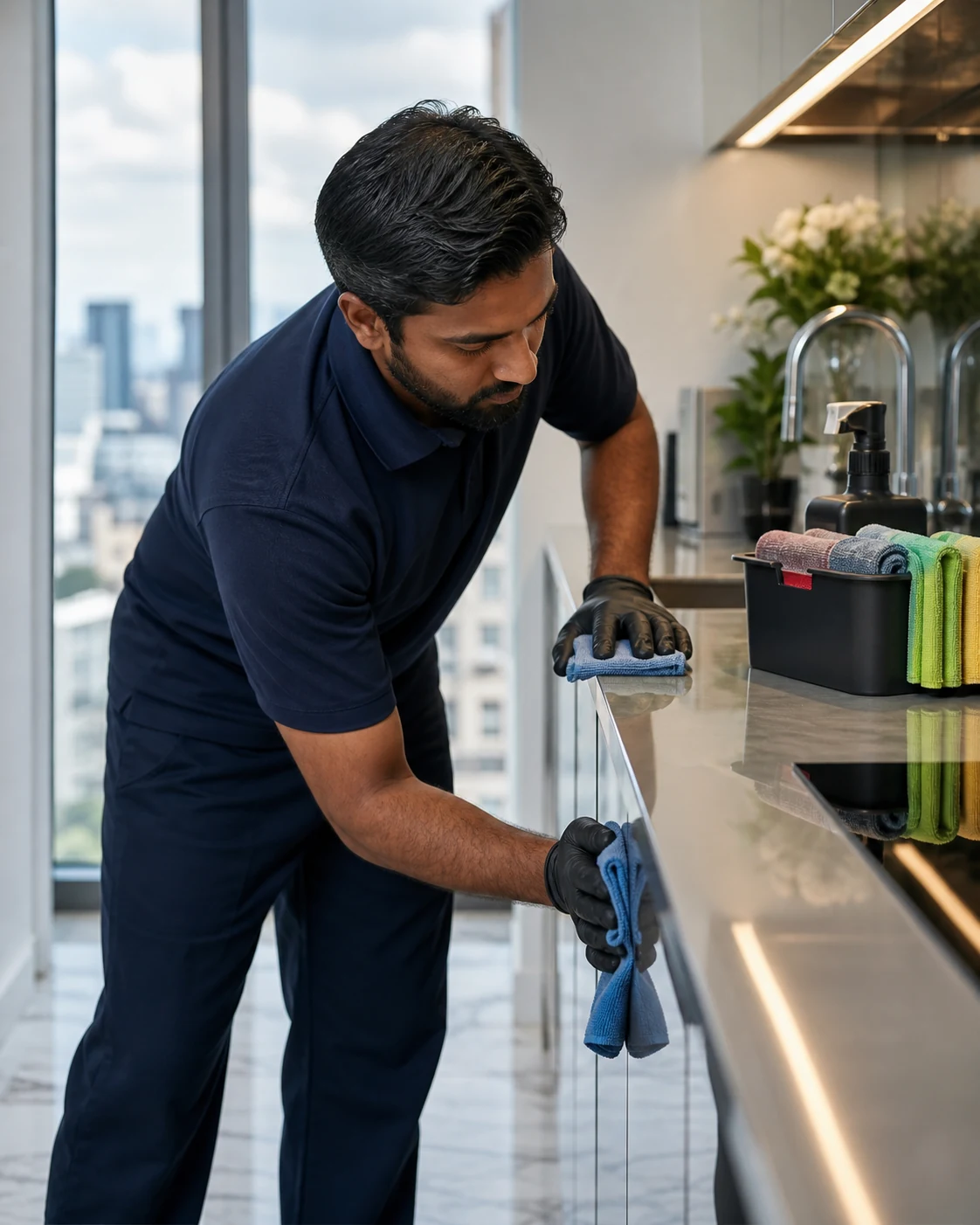 Cleaning specialist methodically detailing kitchen surfaces and cabinet fronts