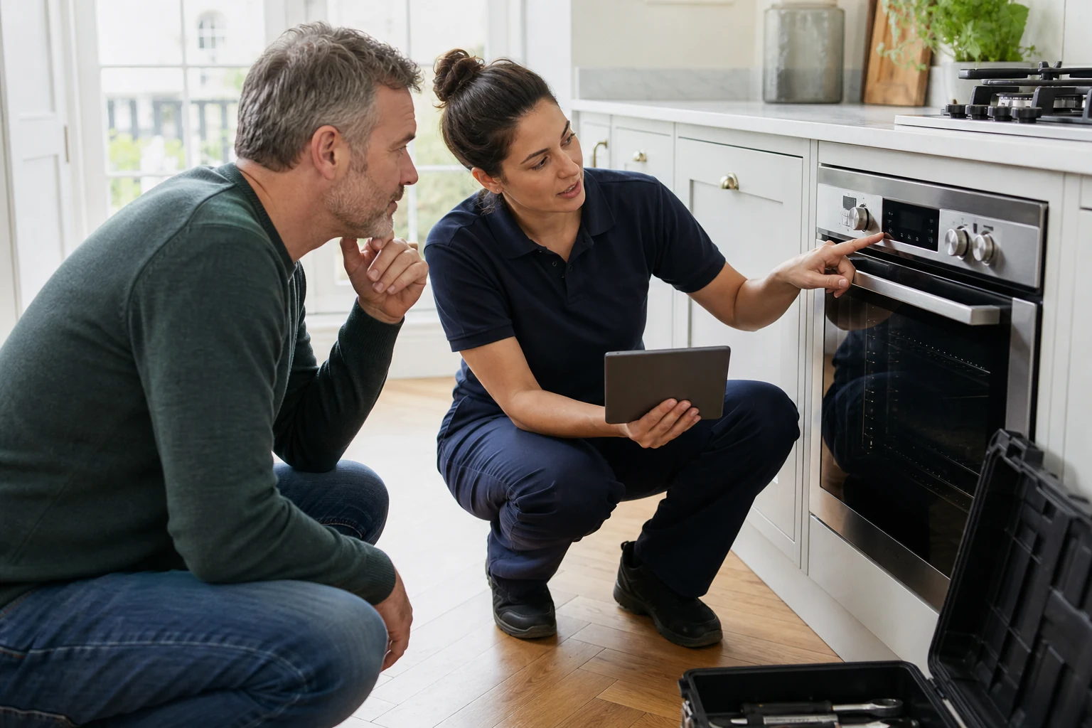 Engineer discussing cooker symptoms and model details with a homeowner