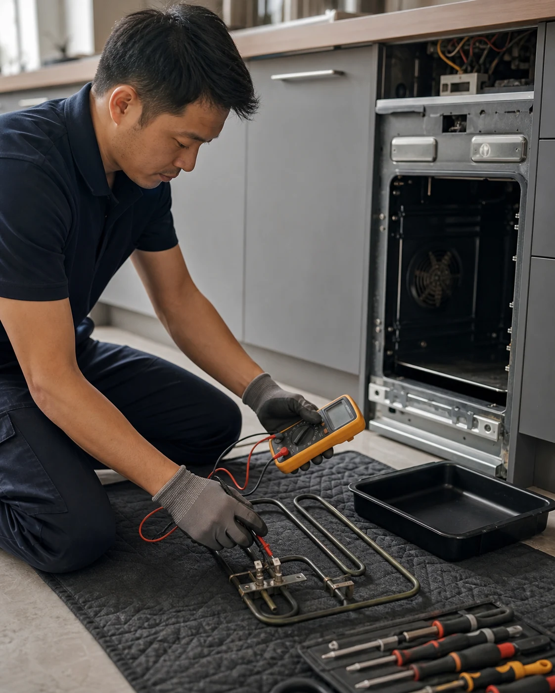 Appliance repair specialist testing an oven heating element and electrical connections