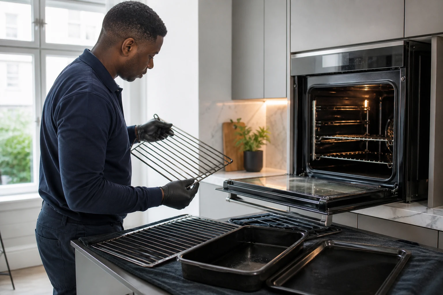 Cleaning professional inspecting racks and removable oven components beside the appliance