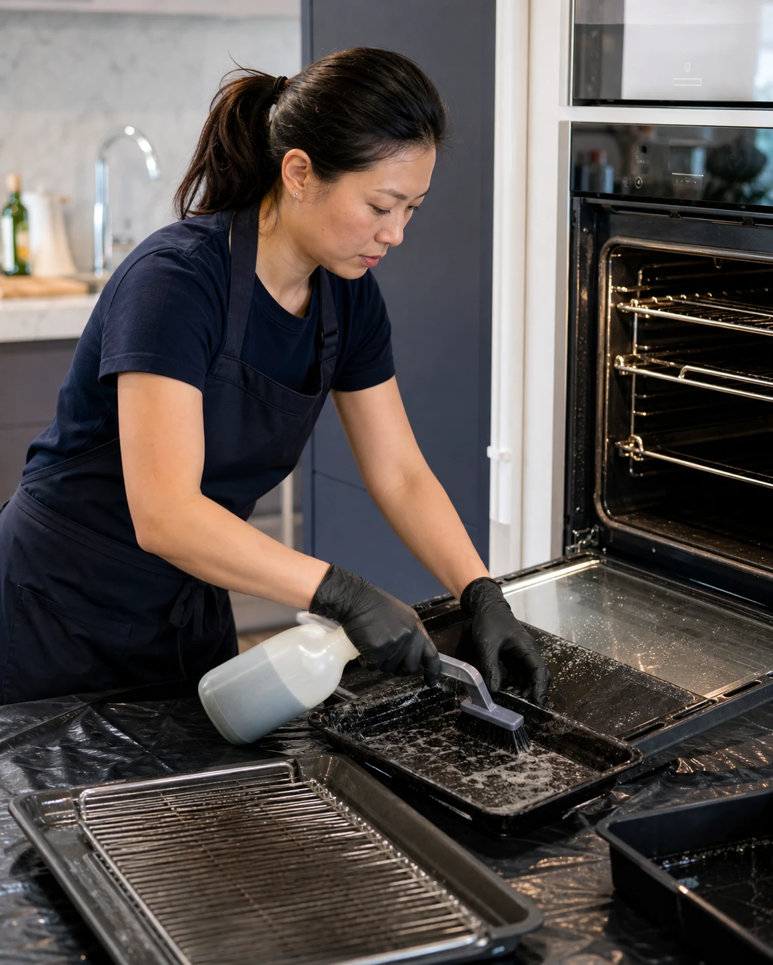 Oven cleaner applying a controlled degreasing method to trays and interior surfaces