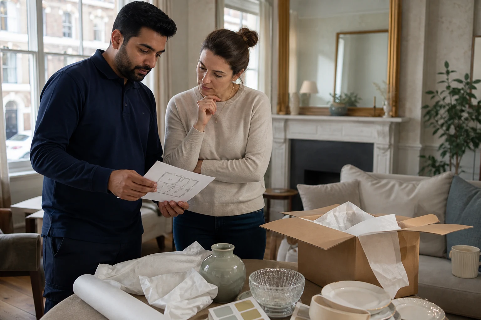 Packing team member reviewing room labels and fragile items with a homeowner
