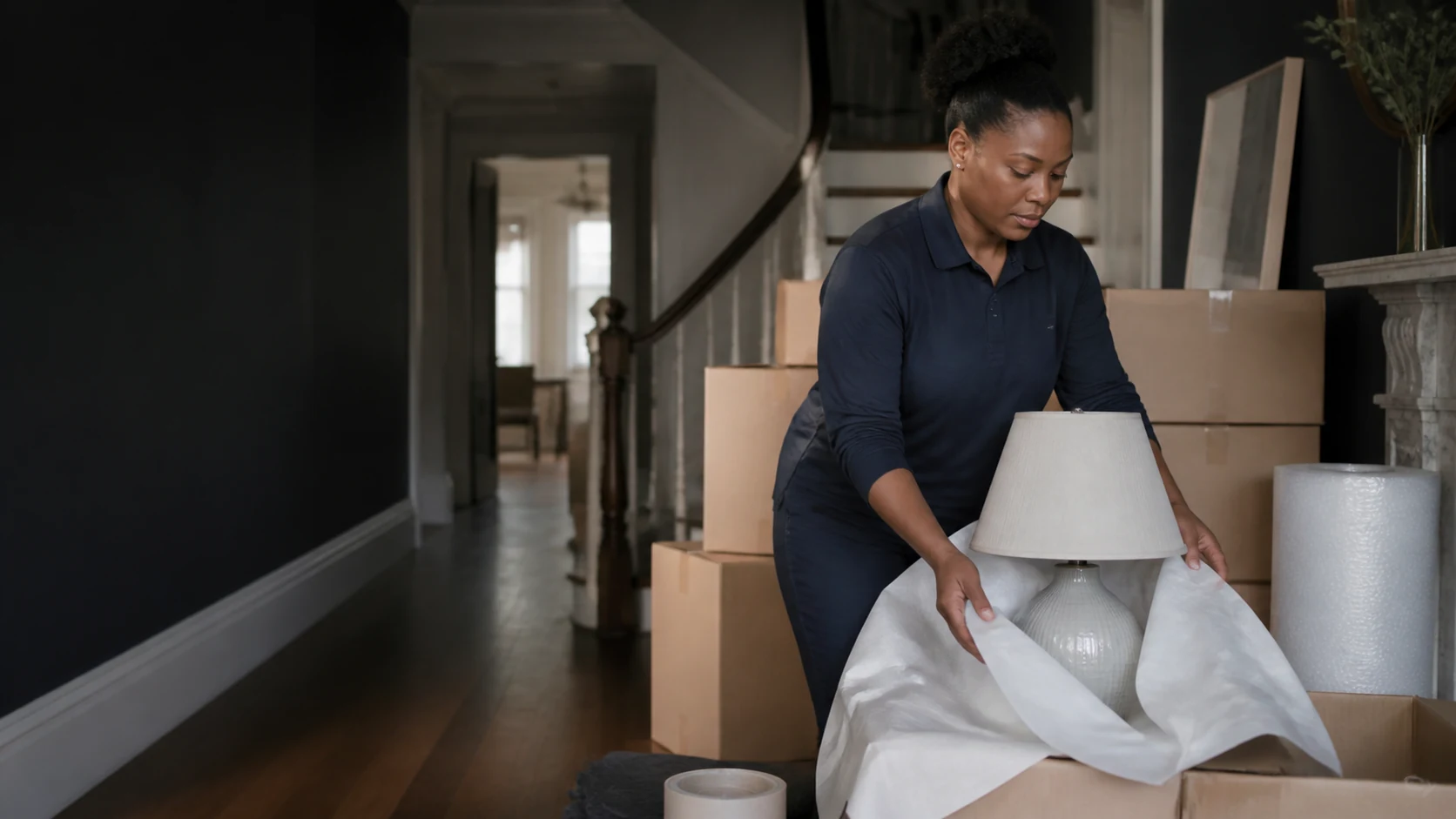 Professional packer wrapping household items in a London home before a move
