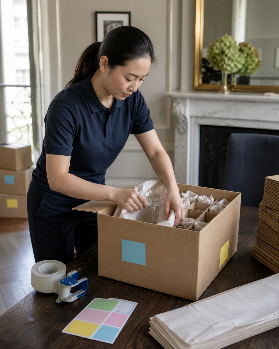 Mover cushioning glassware inside a labelled double-wall packing box