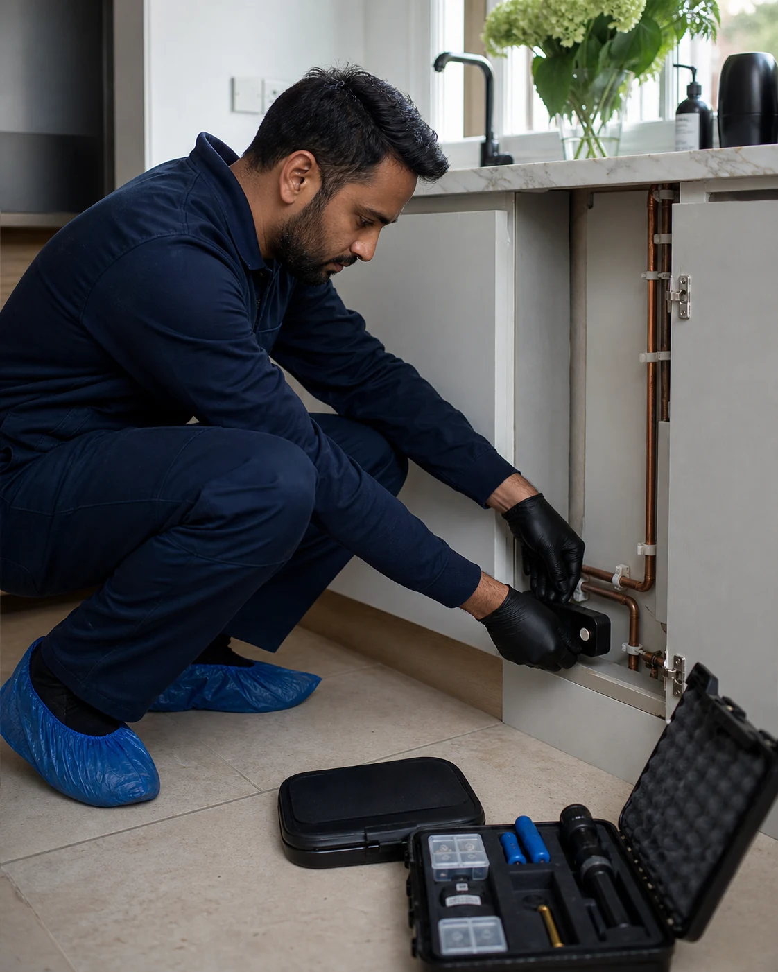 Pest technician documenting monitoring points and proofing gaps in a residential kitchen