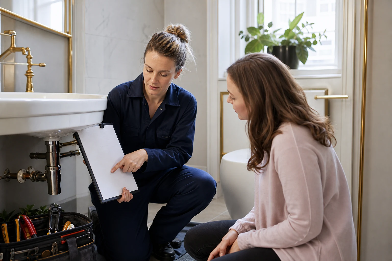 Plumber explaining a leak diagnosis and repair options to a homeowner