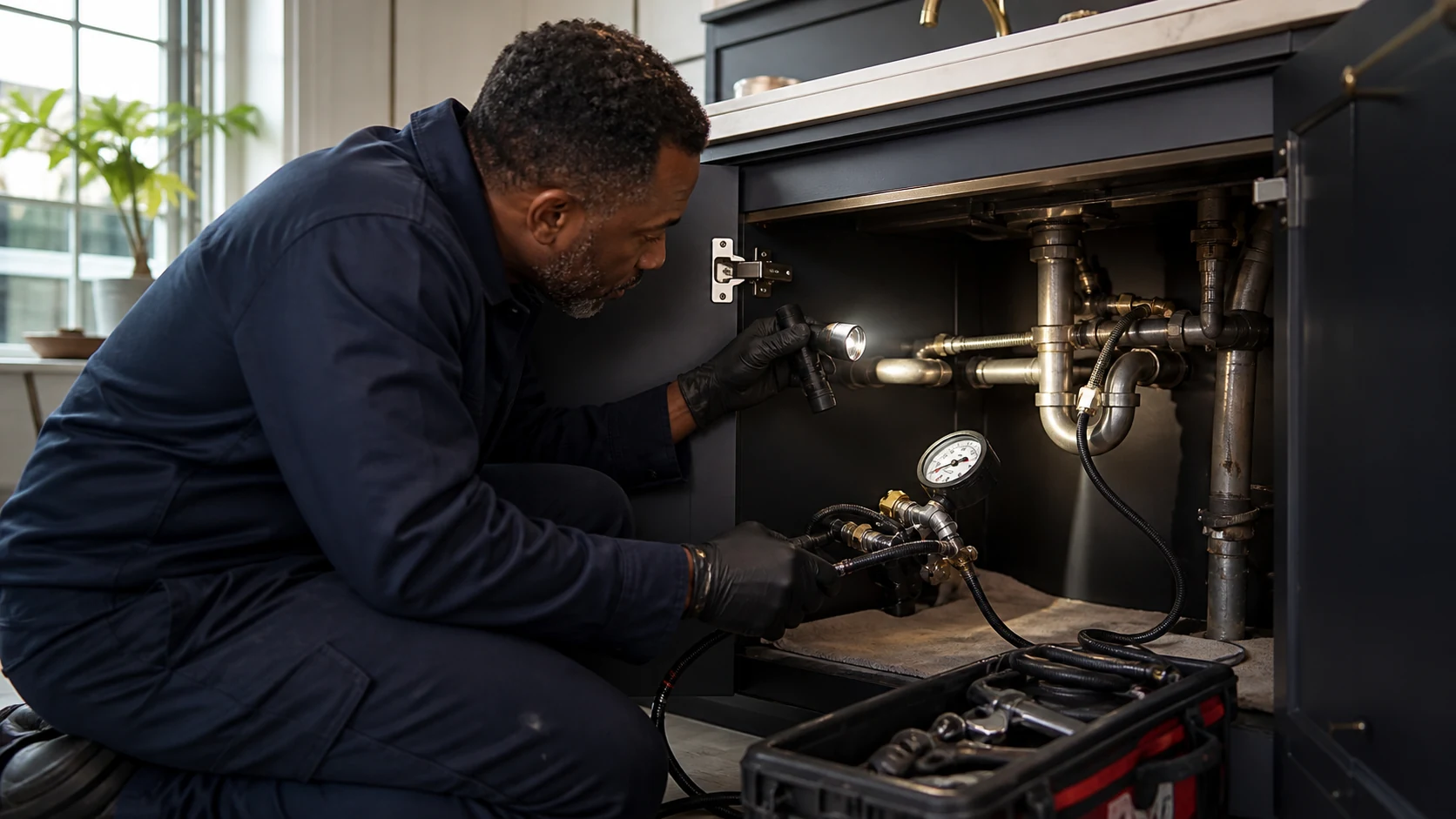 Plumber repairing domestic pipework beneath a sink in a London home