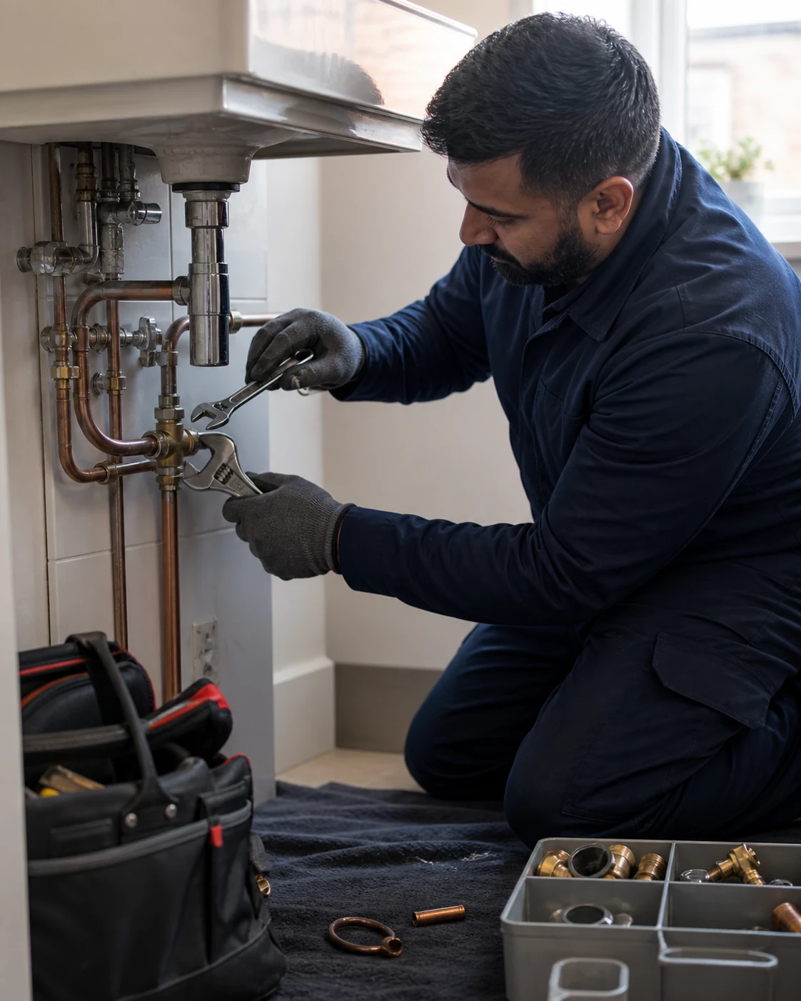 Plumber pressure testing newly connected residential water pipework