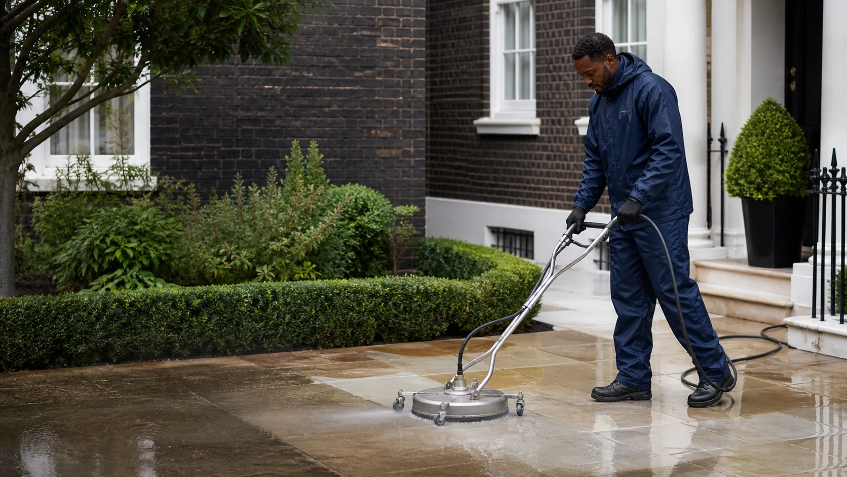 Exterior cleaning professional pressure washing a London garden patio