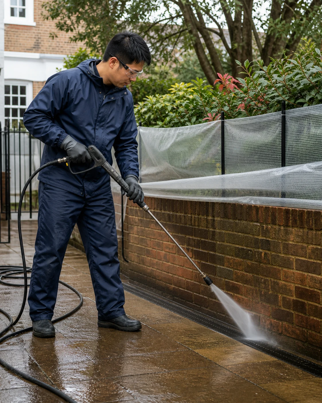 Pressure washing specialist cleaning a test section of weathered stone paving