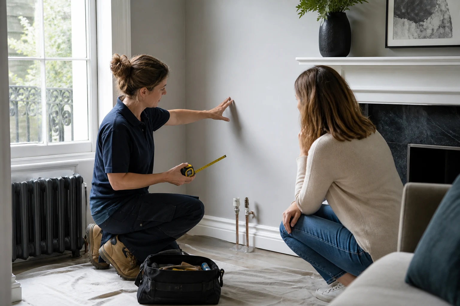 Engineer discussing radiator size and pipe positions with a homeowner