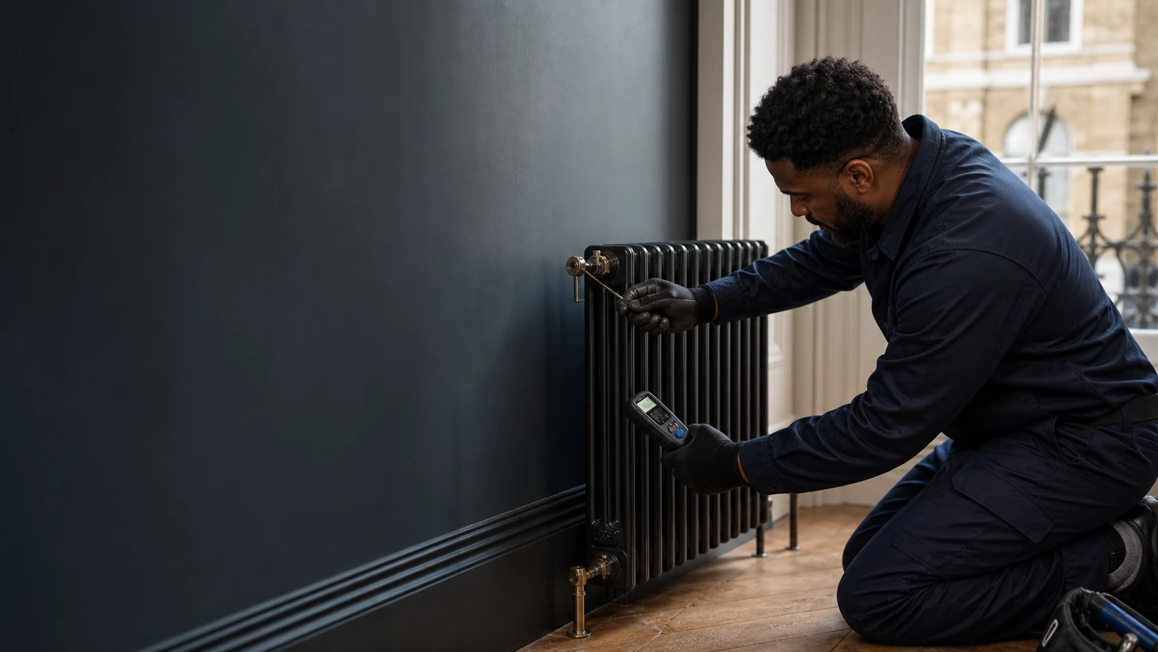 Heating engineer installing a modern radiator in a London home