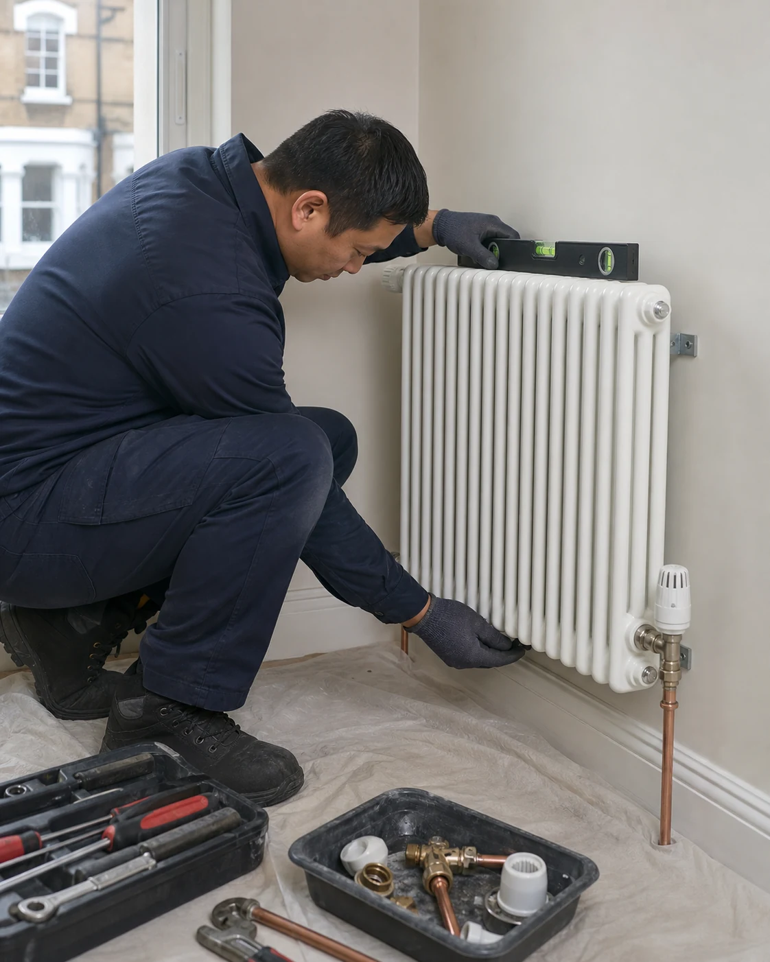 Heating specialist pressure checking radiator valves and water connections after installation