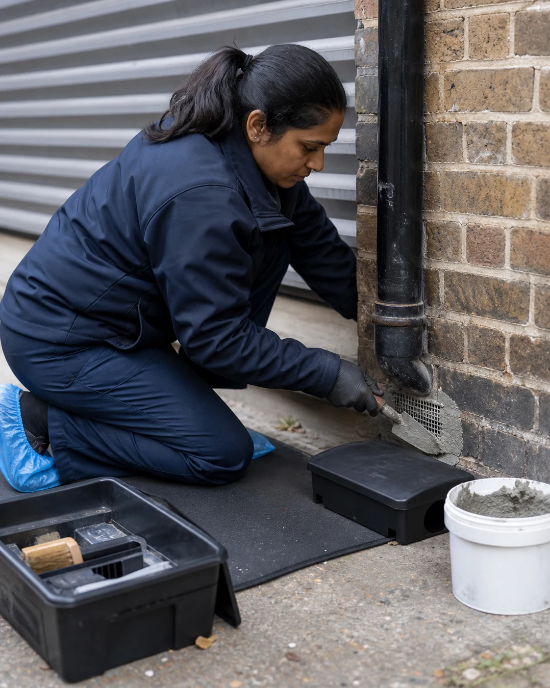 Pest technician securing a tamper-resistant monitoring station beside an exterior wall
