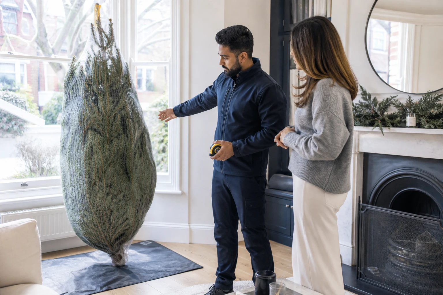 Homeowner confirming Christmas tree size and entrance access with a delivery professional