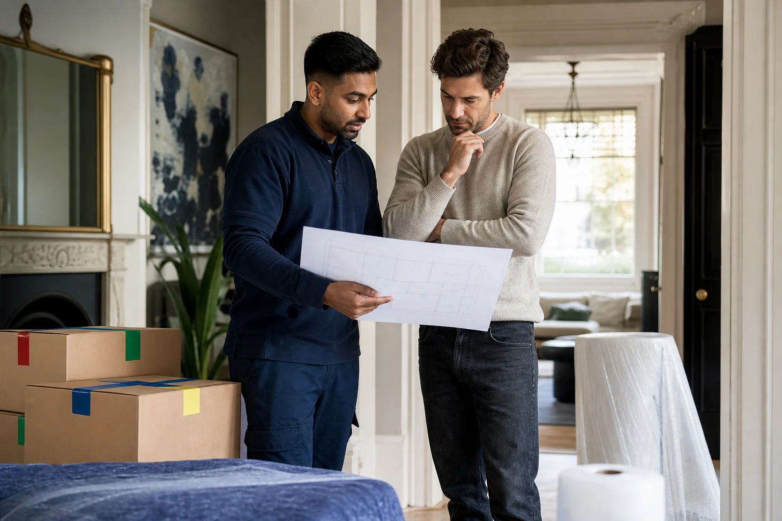 Move coordinator reviewing inventory and access details with a homeowner