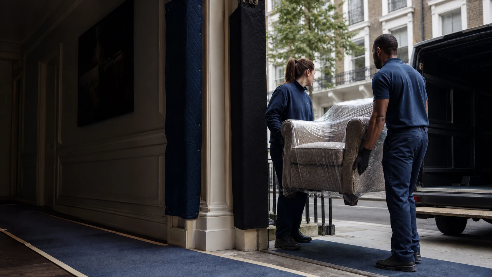 Professional removals team carrying protected furniture from a London townhouse