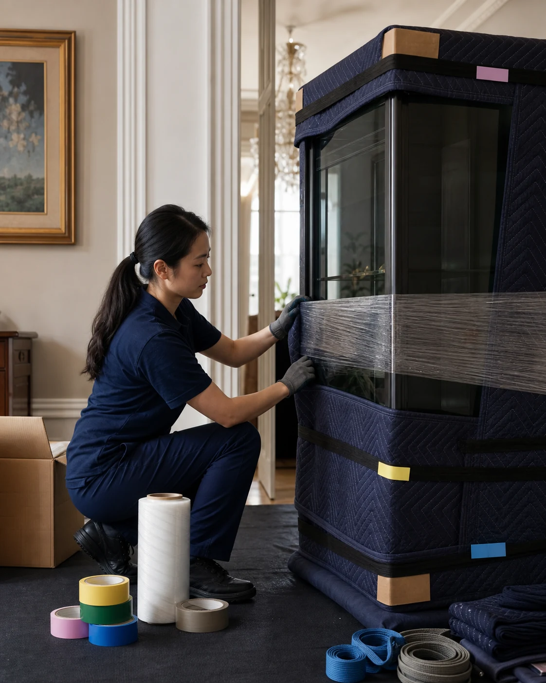 Removals professionals securing wrapped household furniture inside a moving vehicle