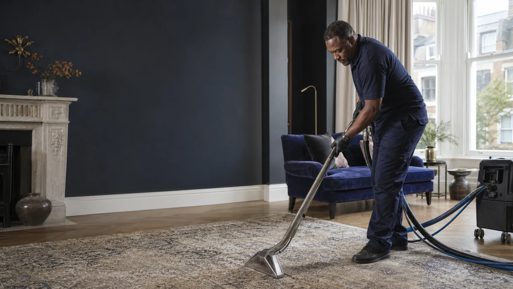 Rug cleaning specialist inspecting a patterned rug in a London living room