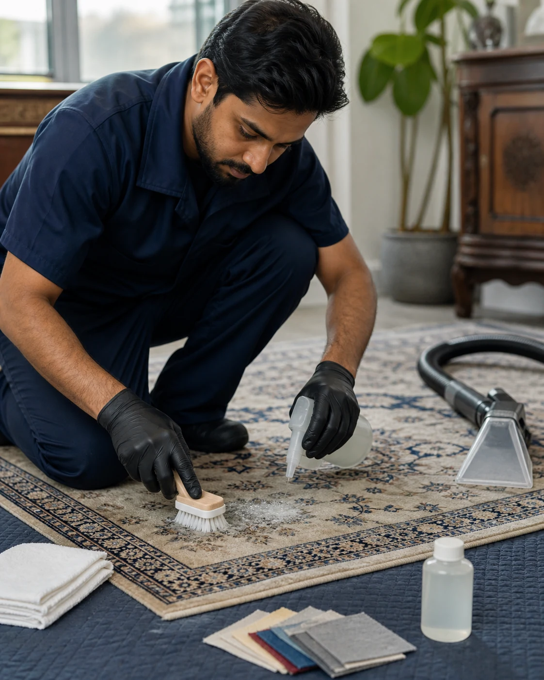 Cleaning technician carrying out controlled extraction on a colourfast synthetic rug