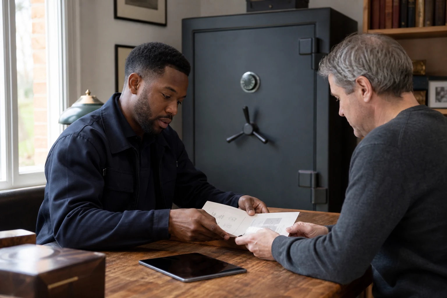 Locksmith reviewing proof of ownership and safe model details with a homeowner