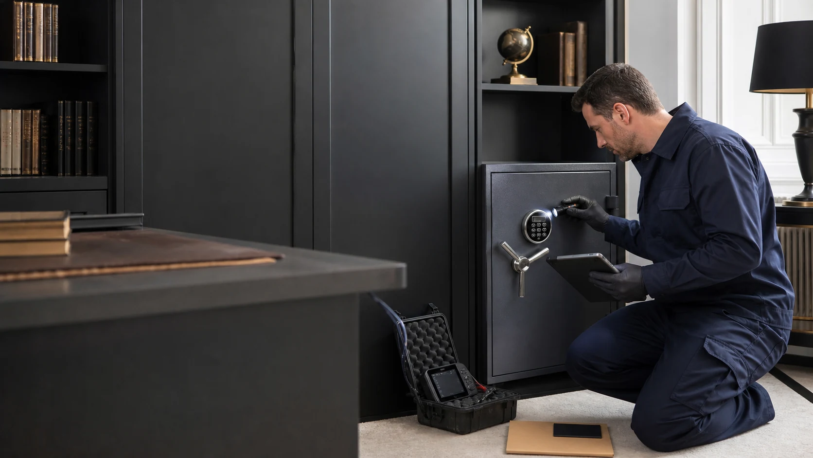 Safe technician inspecting the lock and control panel of a domestic safe in London