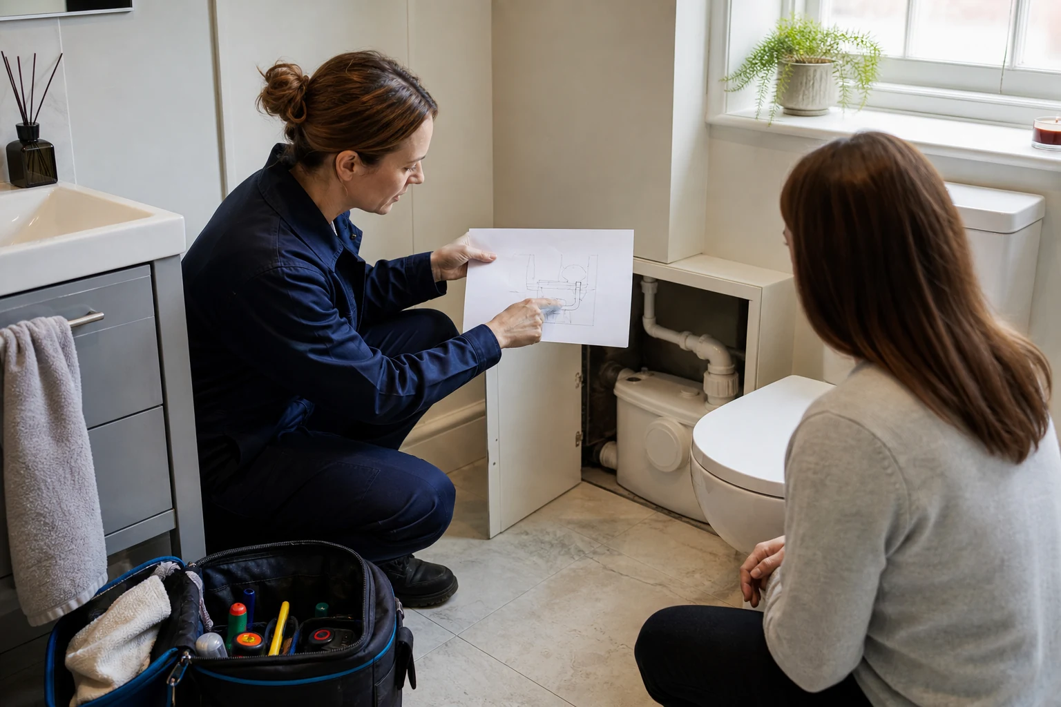 Plumbing professional reviewing macerator pipe routes and model details with a homeowner