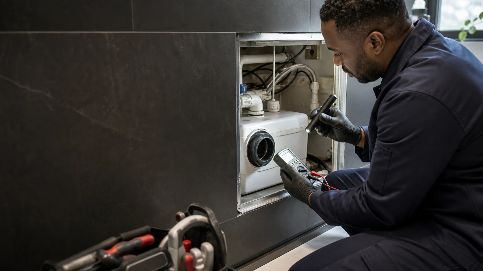 Plumber inspecting a Saniflo macerator installation in a London bathroom