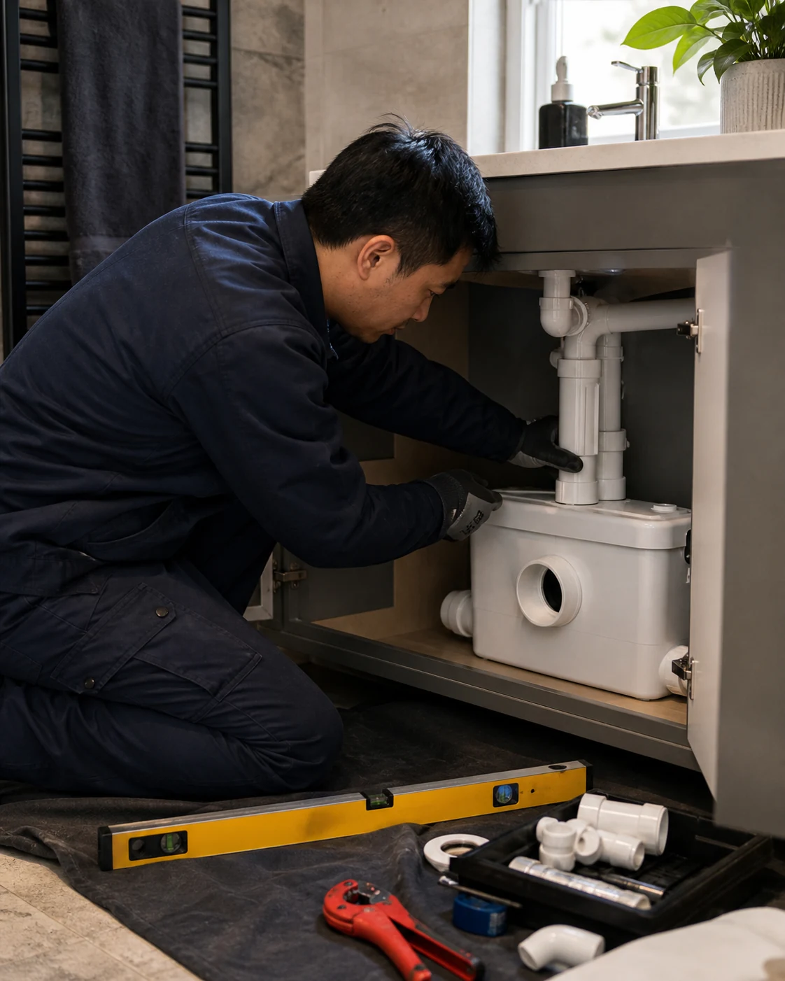 Technician testing accessible Saniflo connections after a controlled repair