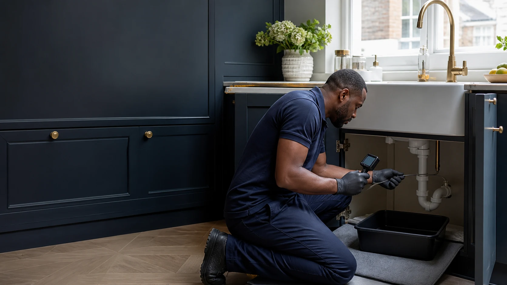 Plumber inspecting a slow-draining kitchen sink in a London home