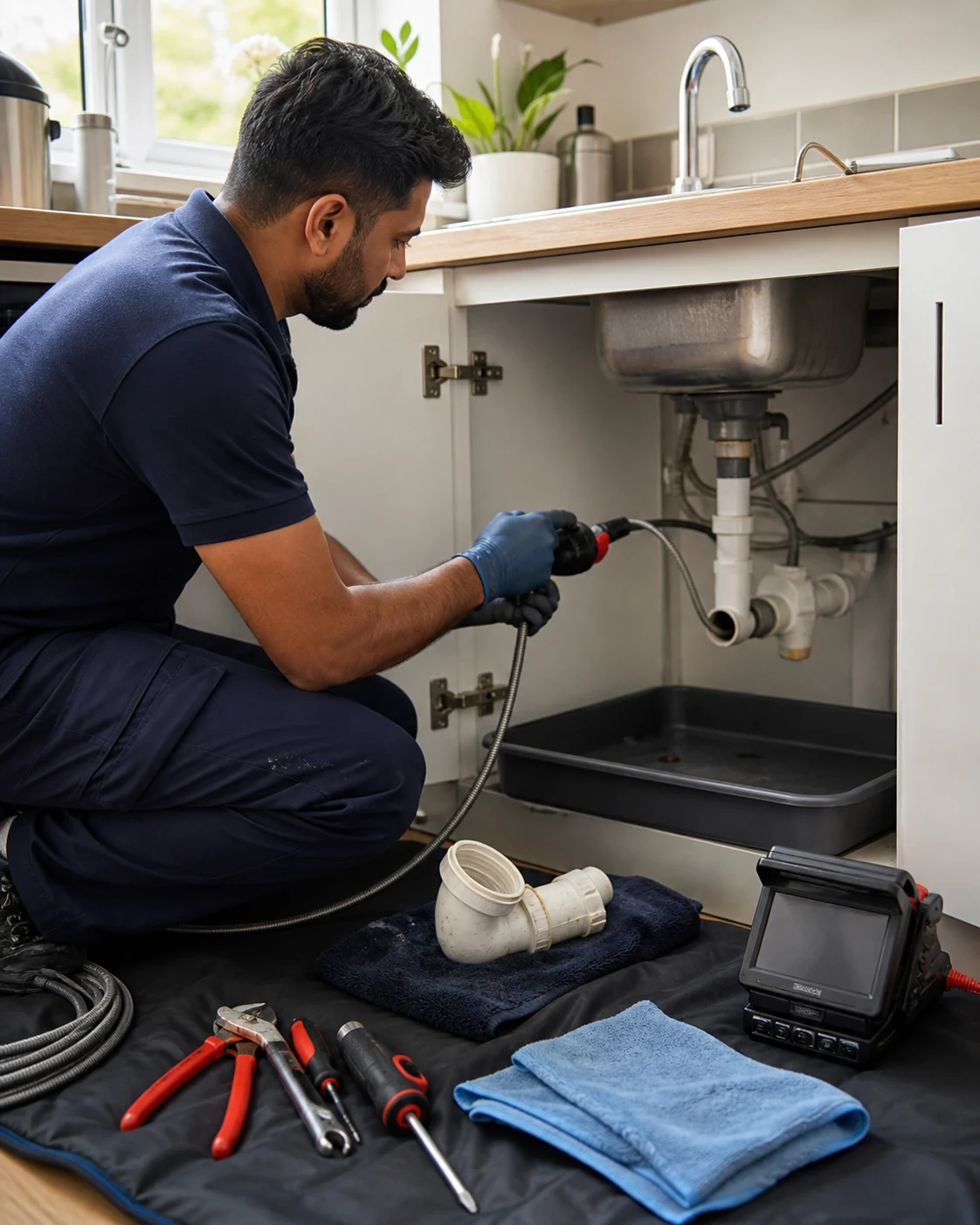 Plumber clearing and testing an accessible sink trap and waste connection