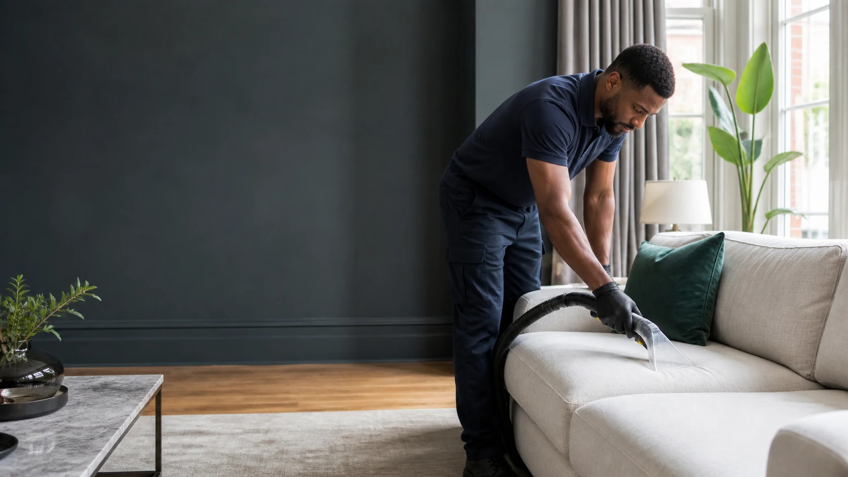 Upholstery cleaning professional treating a fabric sofa in a London living room