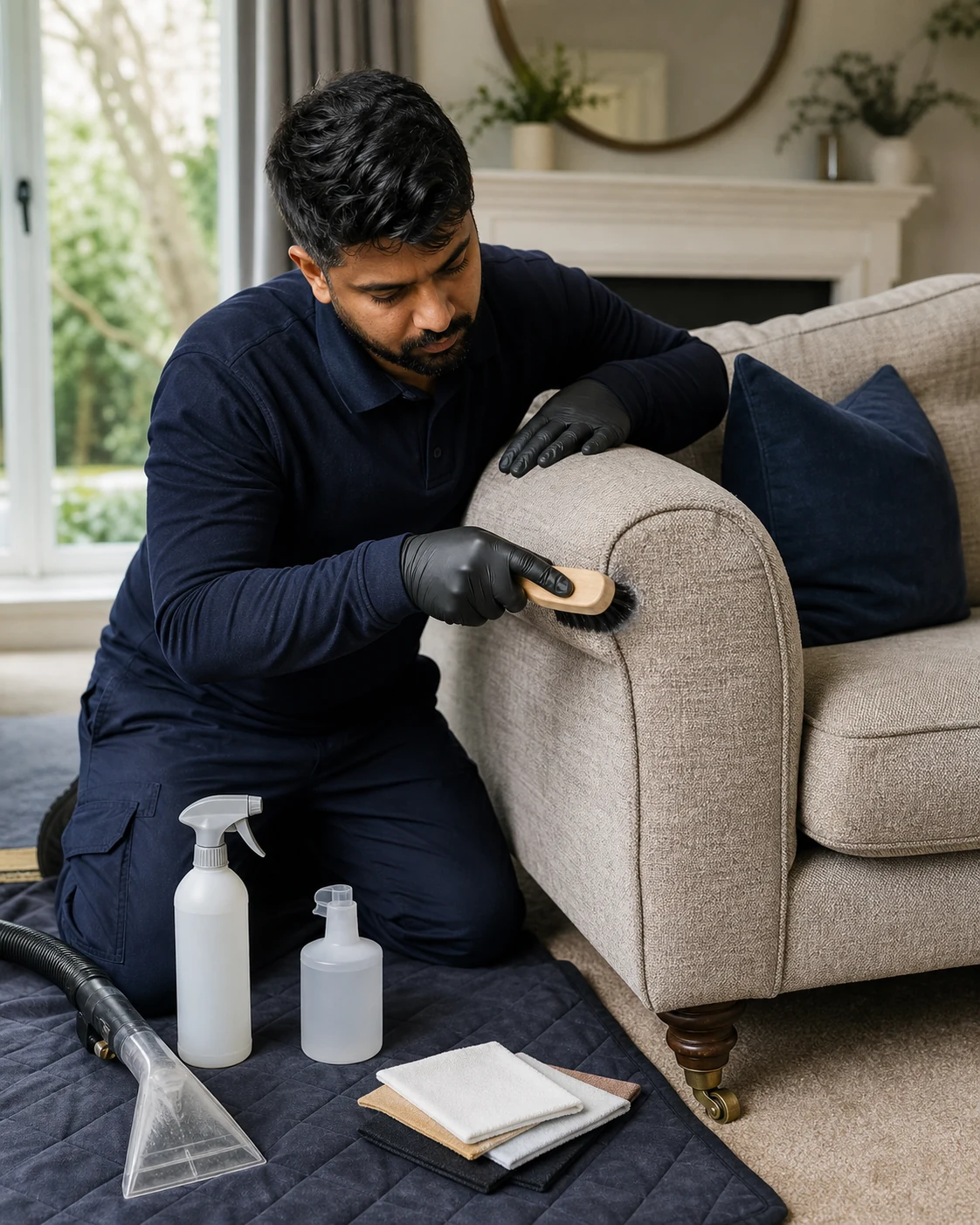 Technician using controlled upholstery extraction across a sofa seat cushion