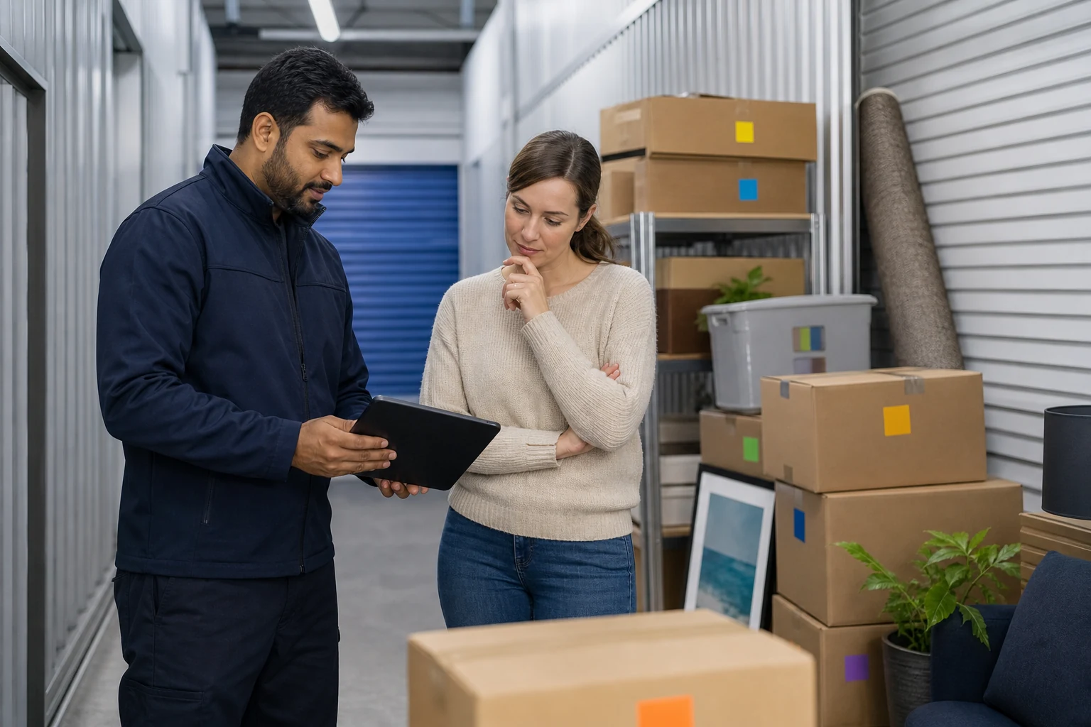 Storage coordinator reviewing an item inventory and access plan with a customer