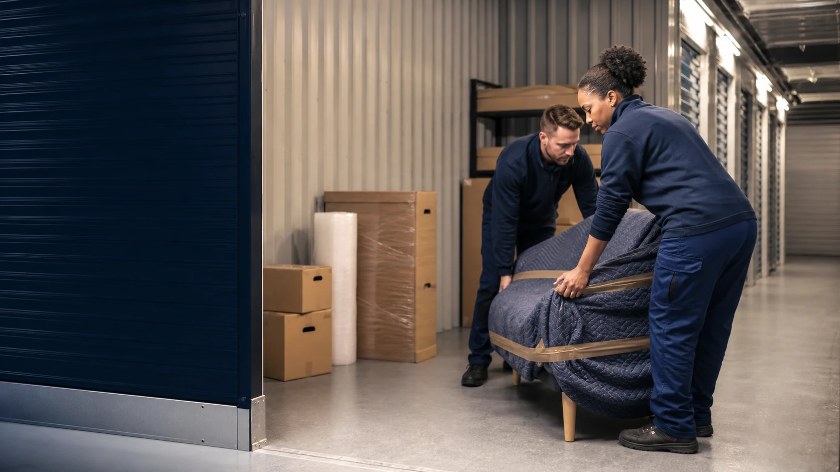 Moving team placing labelled household boxes into a clean London storage unit
