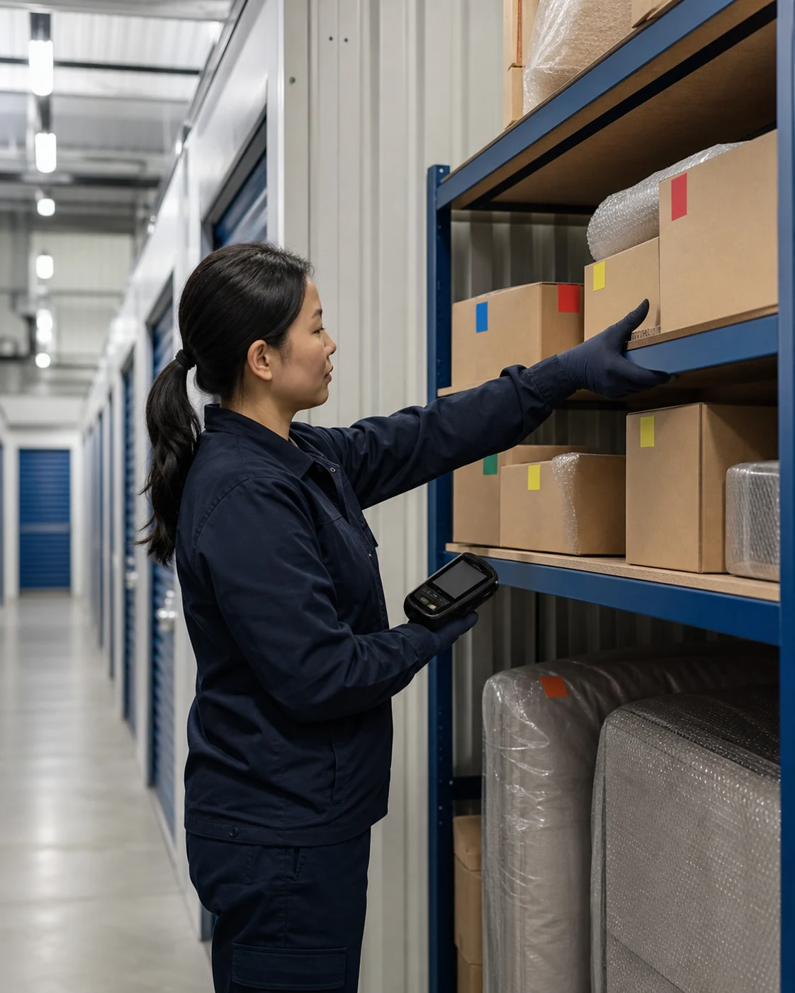 Professional mover stacking protected furniture and labelled cartons safely in storage
