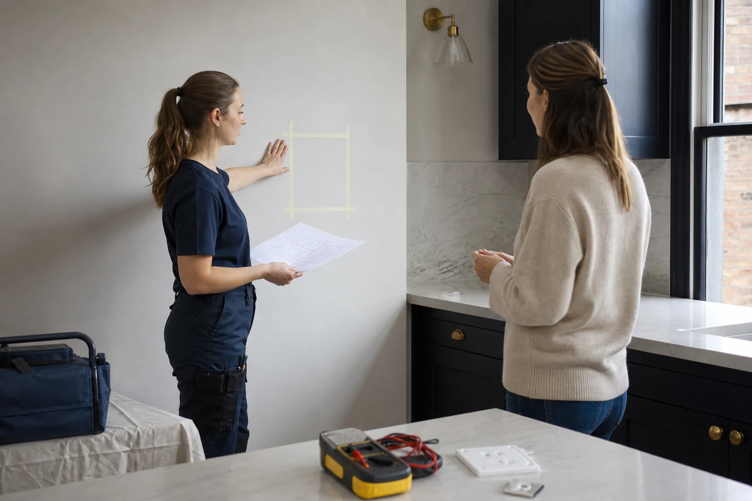 Electrician reviewing switch and socket positions with a homeowner before installation
