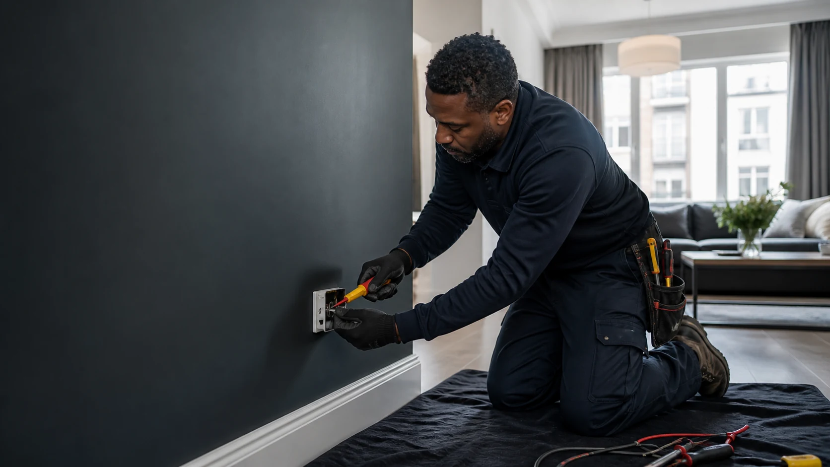 Electrician installing a new wall socket in a modern London home