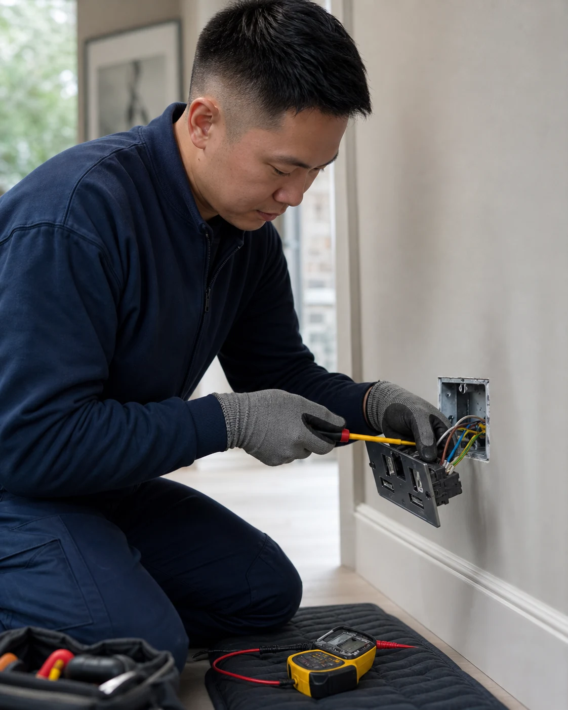Qualified electrician testing a newly installed double socket with an electrical tester