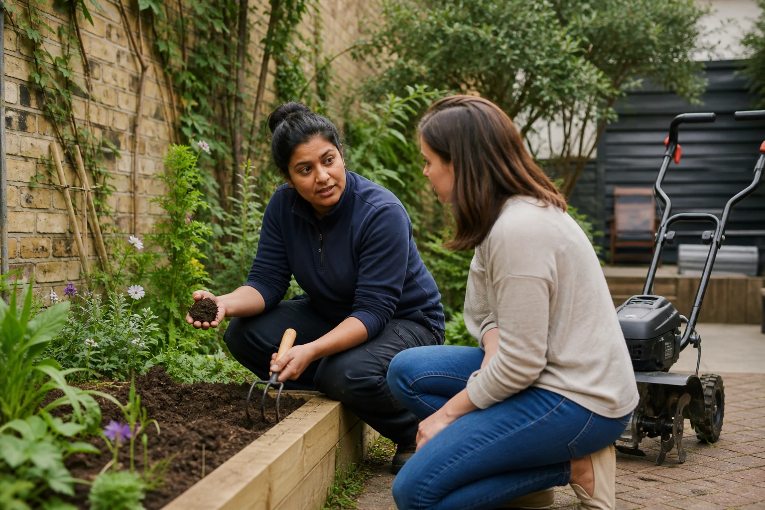 Garden professional examining compacted soil with a homeowner before cultivation
