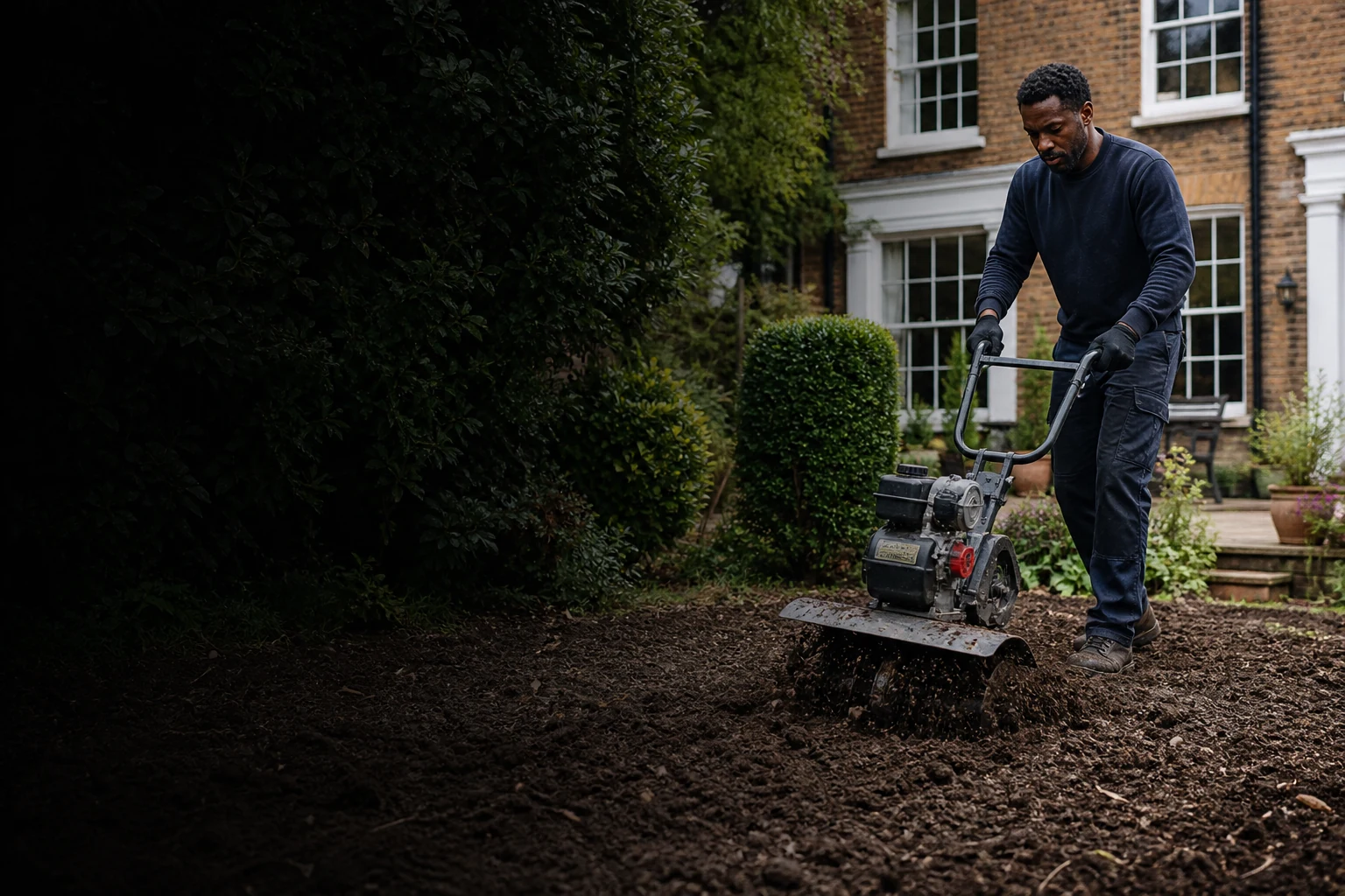 Gardener operating a compact tiller in a London townhouse garden
