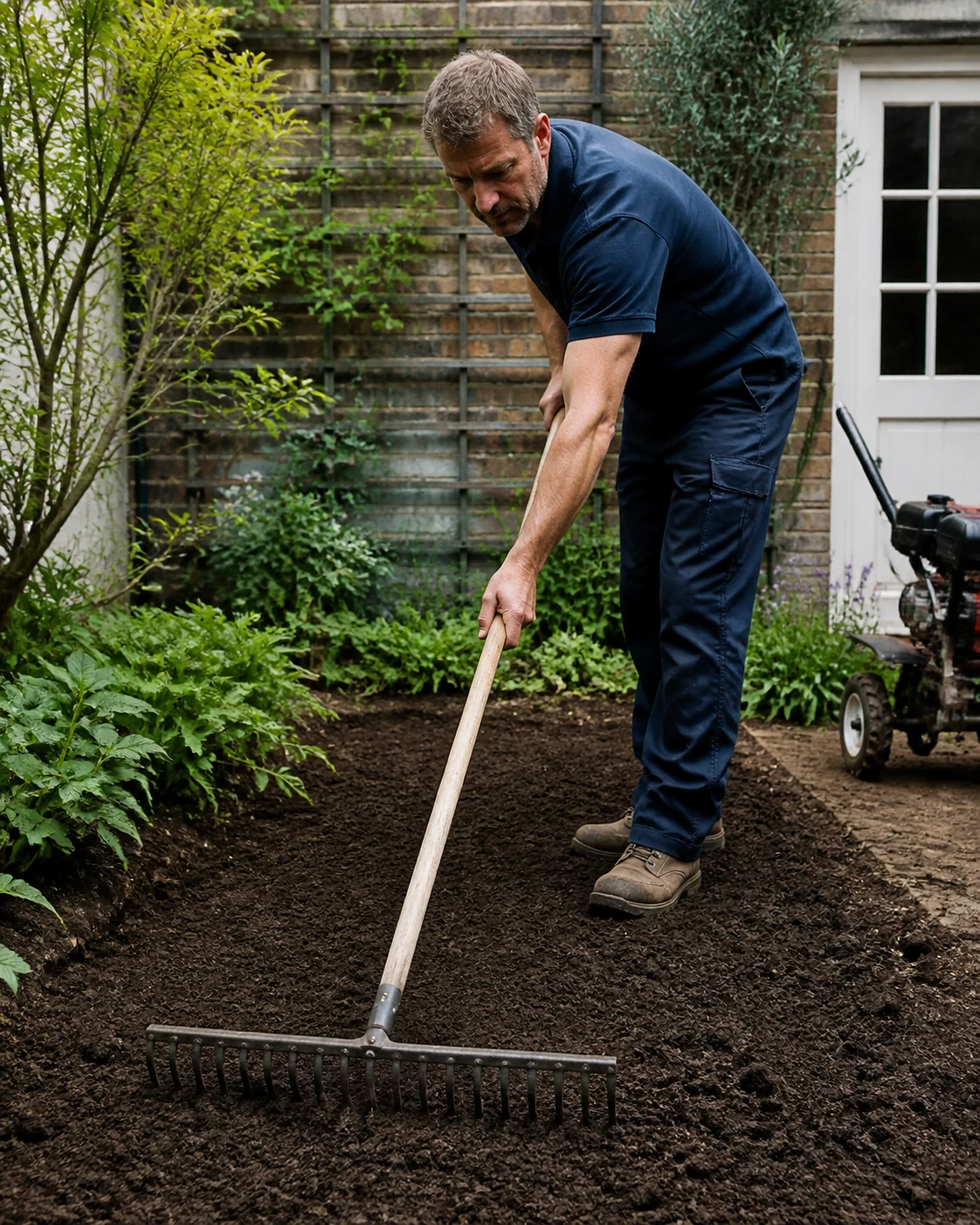 Gardener breaking down cultivated soil and removing exposed roots and stones