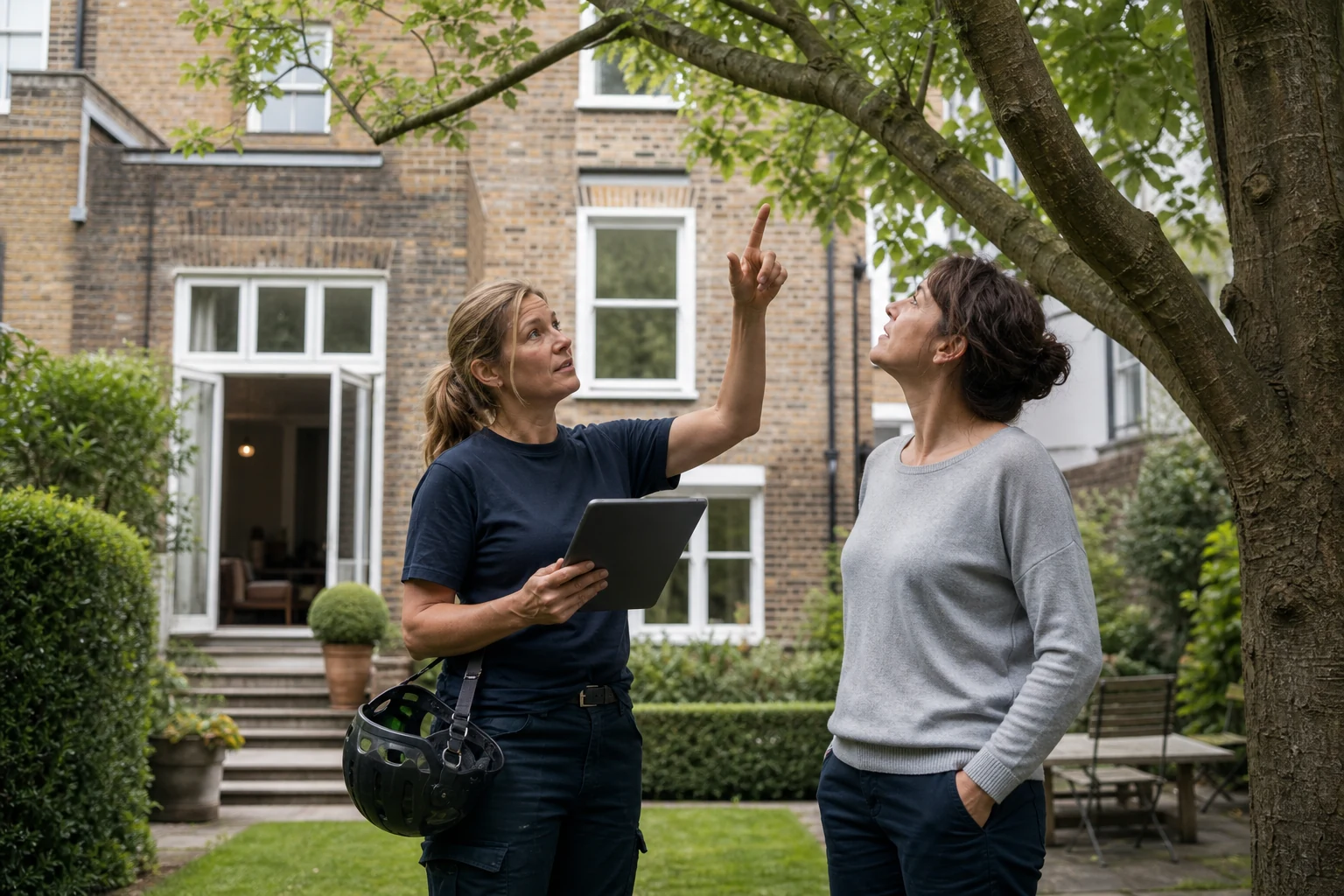 Arborist assessing a mature garden tree with a homeowner from ground level
