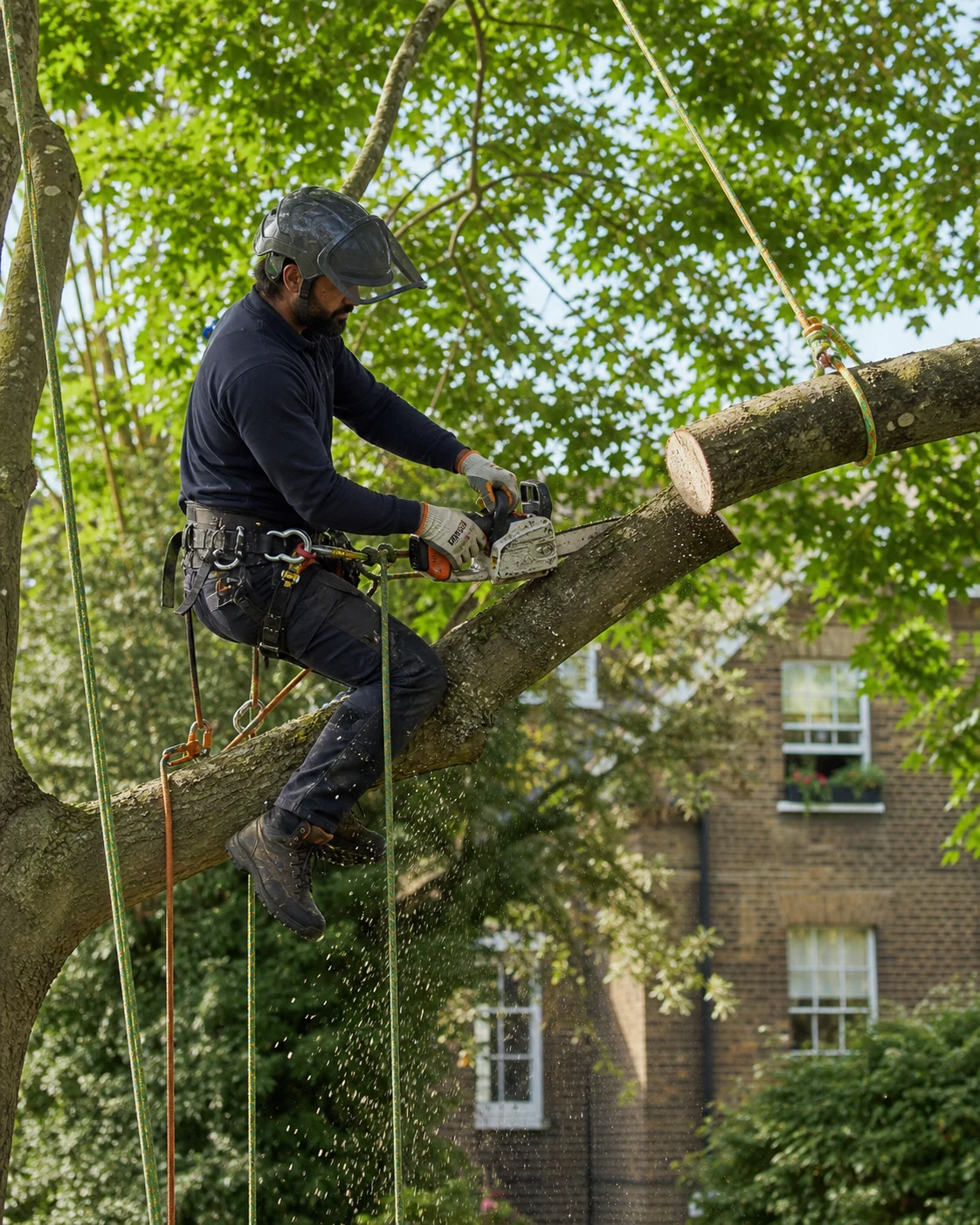 Tree surgery team lowering a cut branch by rope into a protected work zone