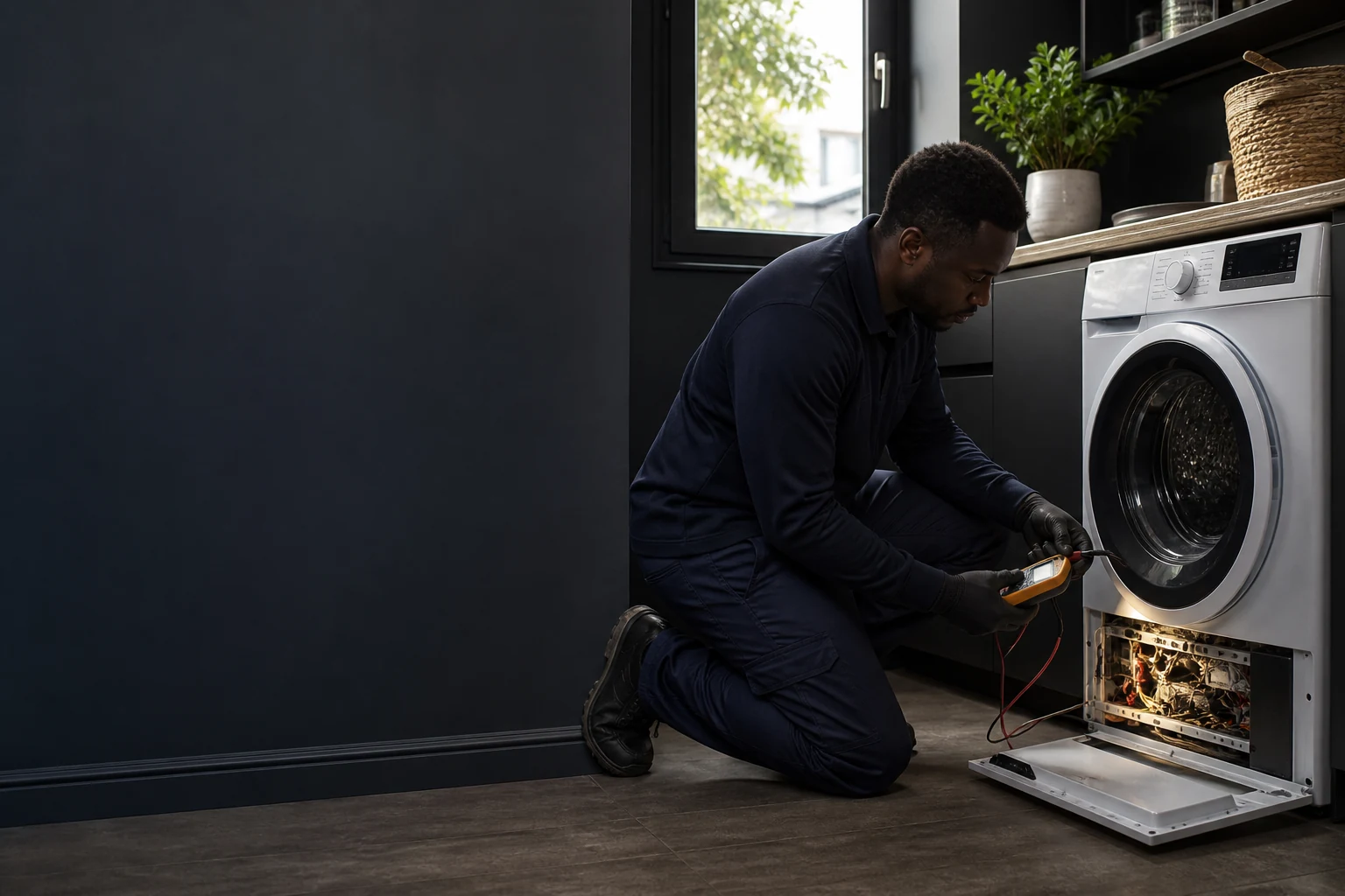 Appliance engineer diagnosing a tumble dryer in a London utility room