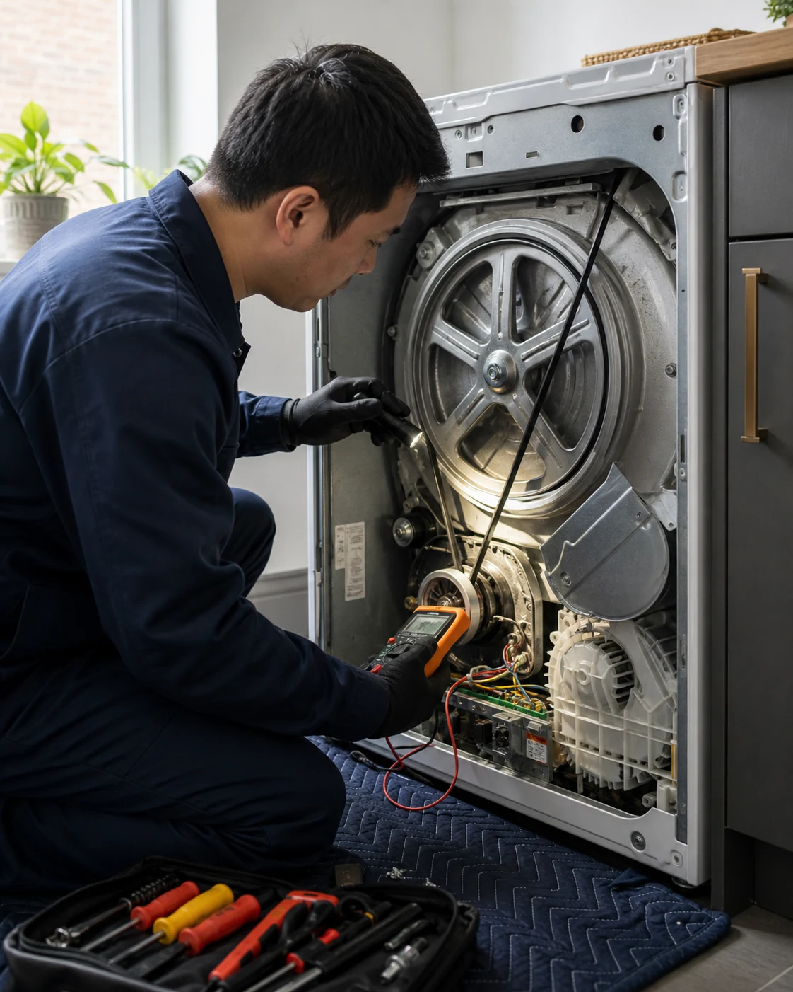 Appliance specialist testing dryer airflow and an accessible heating component